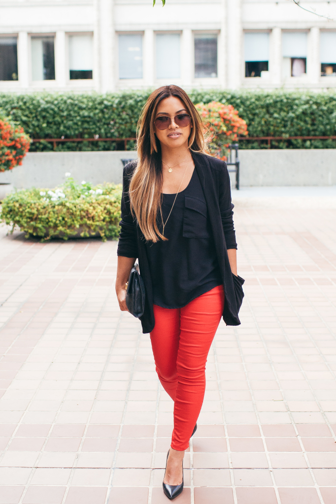 Red Pants Black Blazer Gorjana Griffin Jewelry