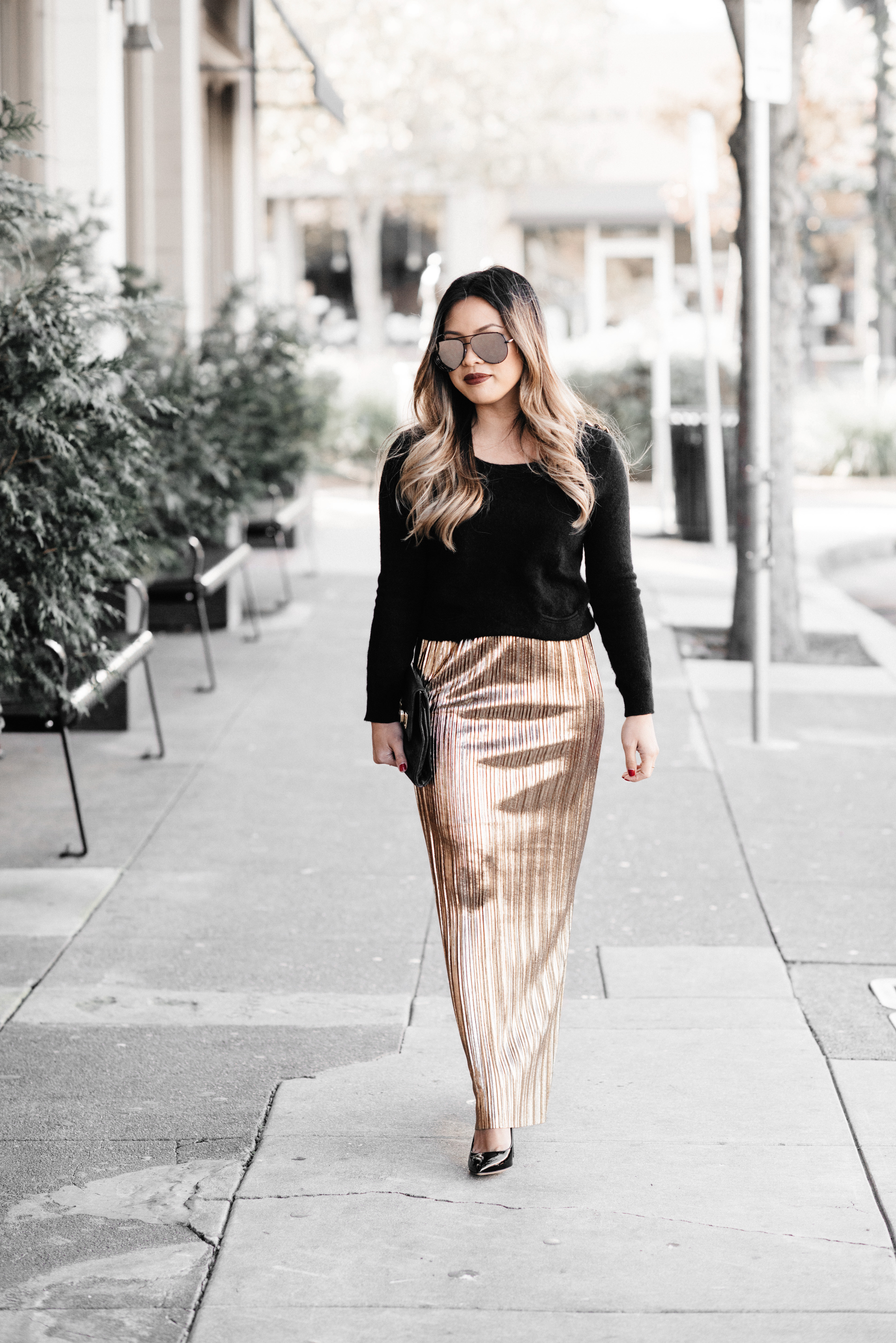 Holiday Gold Skirt Maxi Outfit | The Beauty Vanity